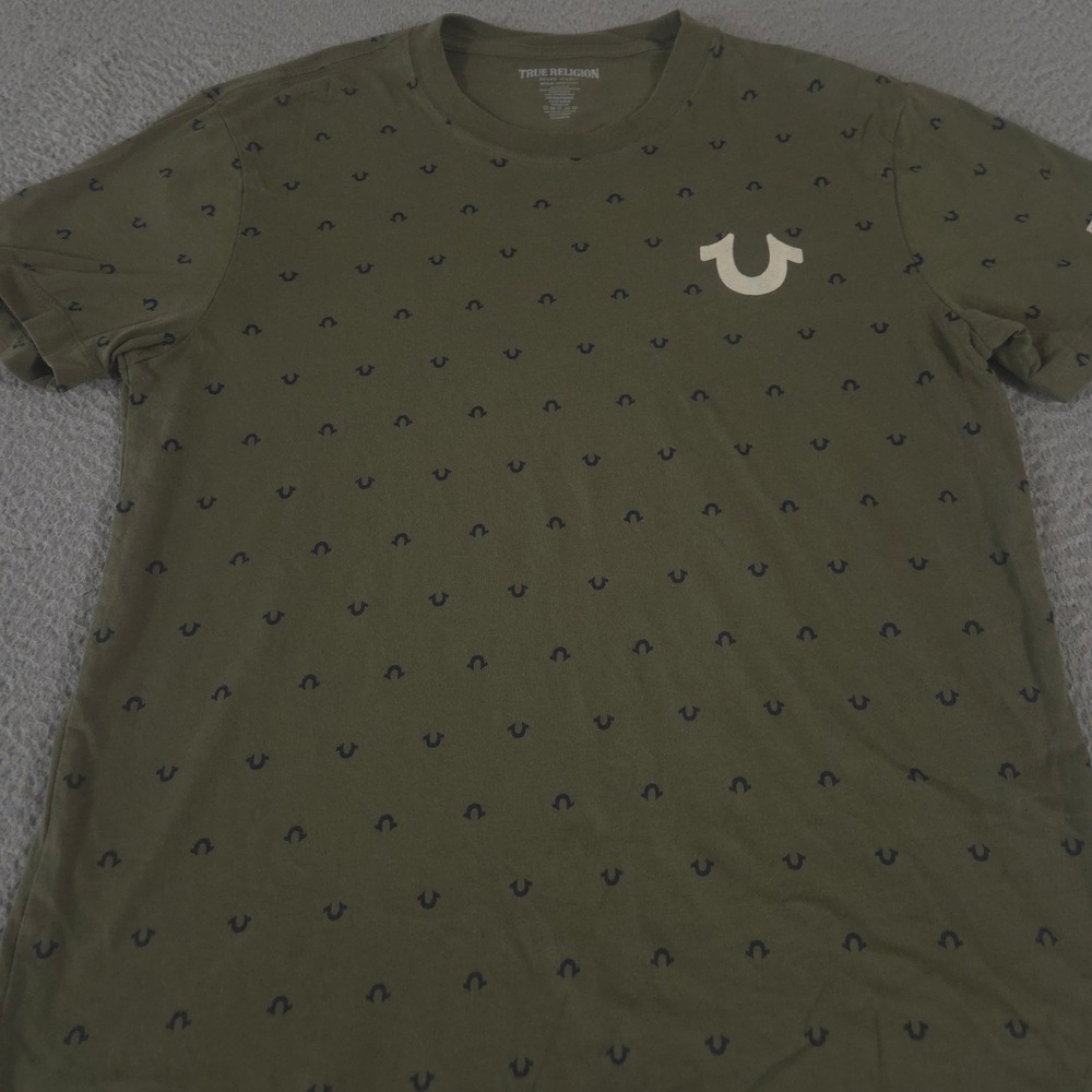 True Religion Shirt Mens Medium Olive Flocked Horseshoe Logo Print Cotton Tee